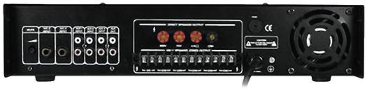 Rückseite eines Audioverstärkers mit mehreren Lautsprecheranschlüssen, Eingangsbuchsen und einem Lüfter auf der rechten Seite.