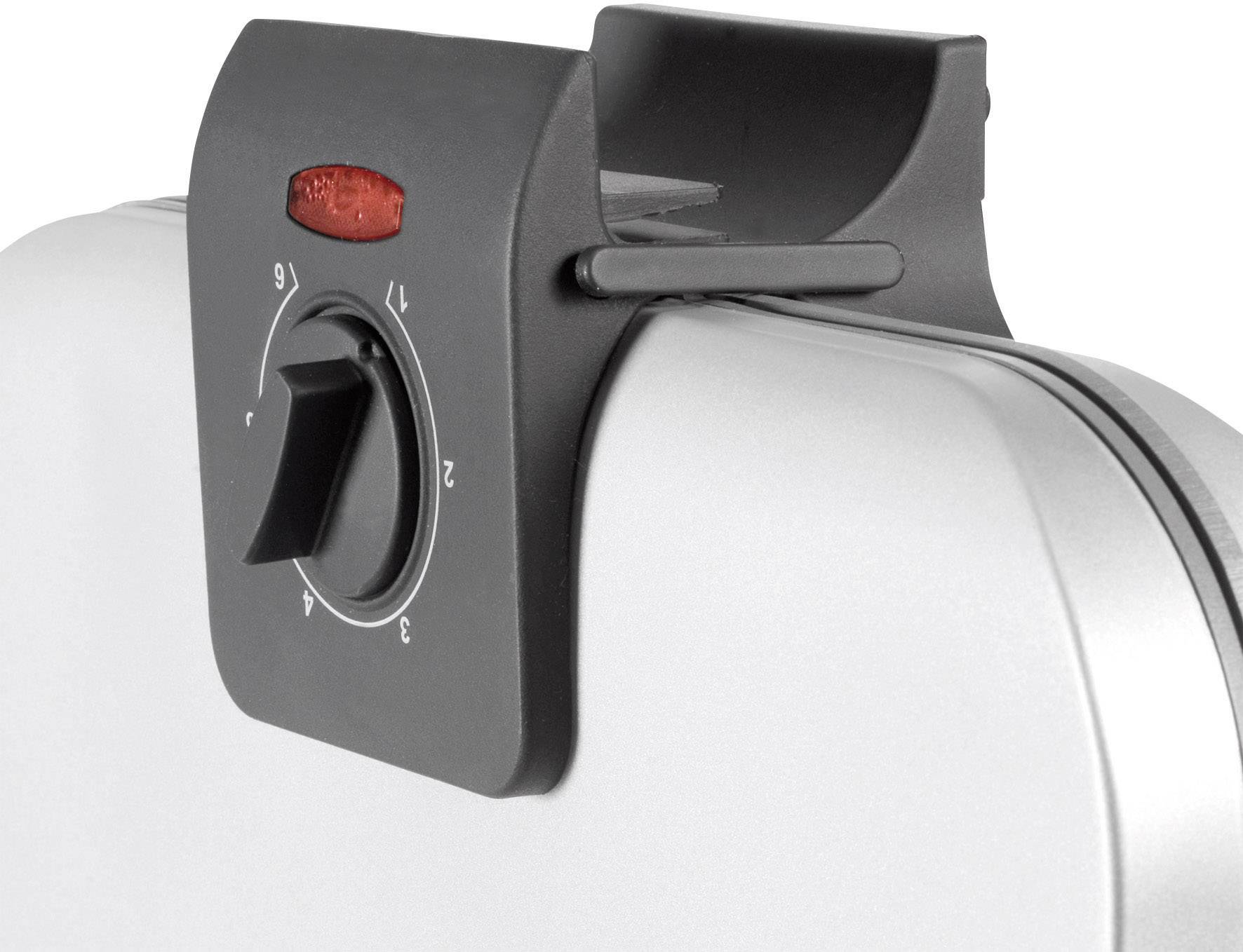 Nahaufnahme eines Sandwichtoasters mit einem Drehknopf zur Temperaturregelung und einem leuchtenden roten Indikator auf einem silbernen Hintergrund.