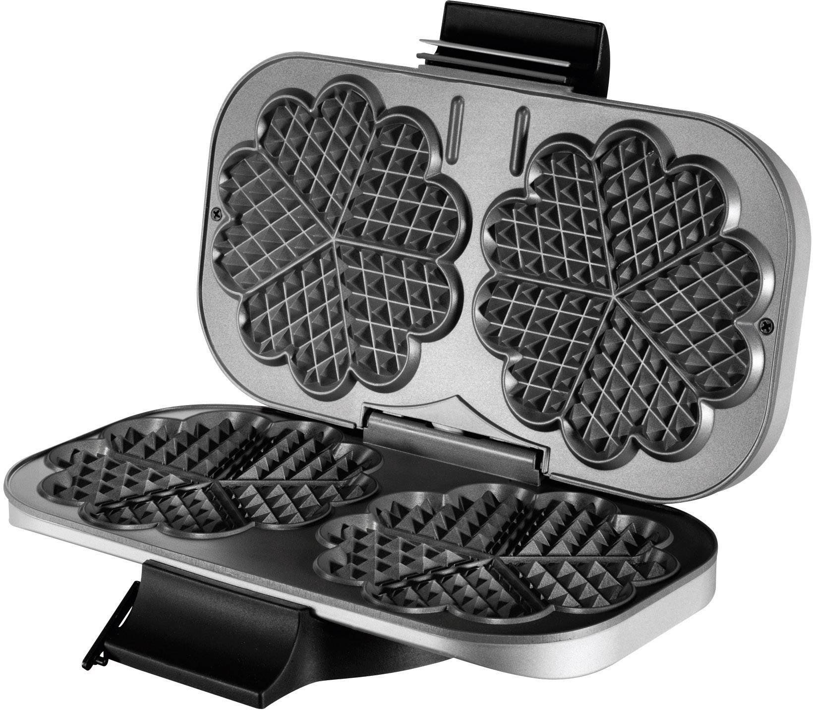 Eisen-Waffelautomat mit zwei herzförmigen Gitterplatten, geöffnet. Ideal zum Backen von Waffeln in Herzform.