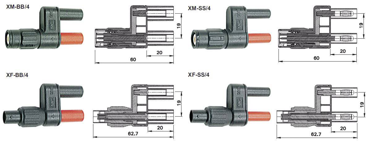 Elektrische Steckverbinder, vier Varianten, mit Maßangaben: Breite (20 mm), Länge (60-82,7 mm) und Höhe (19 mm).