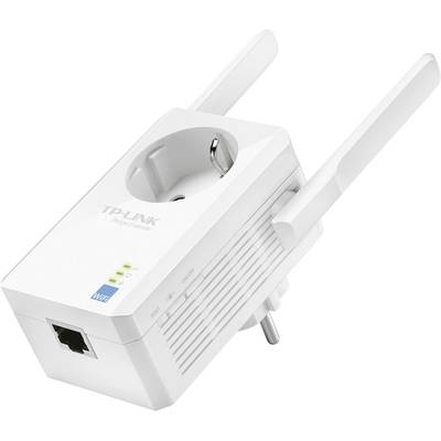 Ein TP-Link WLAN-Repeater mit zwei Antennen und integriertem Steckdosenanschluss. Gerät zeigt LEDs für Statusanzeige.