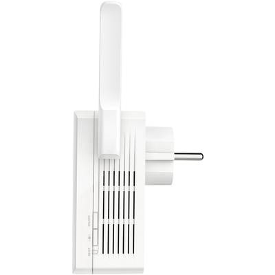 Ein weißer WLAN-Repeater mit Steckdosenanschluss und Antenne, seitlich betrachtet, zeigt Lüftungsschlitze und Kontrollanzeigen.