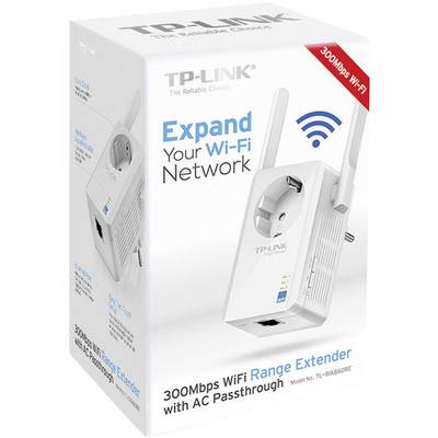 Wi-Fi-Repeater von TP-Link, Modell TL-WA860RE, Verpackung zeigt Gerät mit Steckdose und Antennen, bewirbt '100Mbp WiFi' und erweitert das Netzwerk.