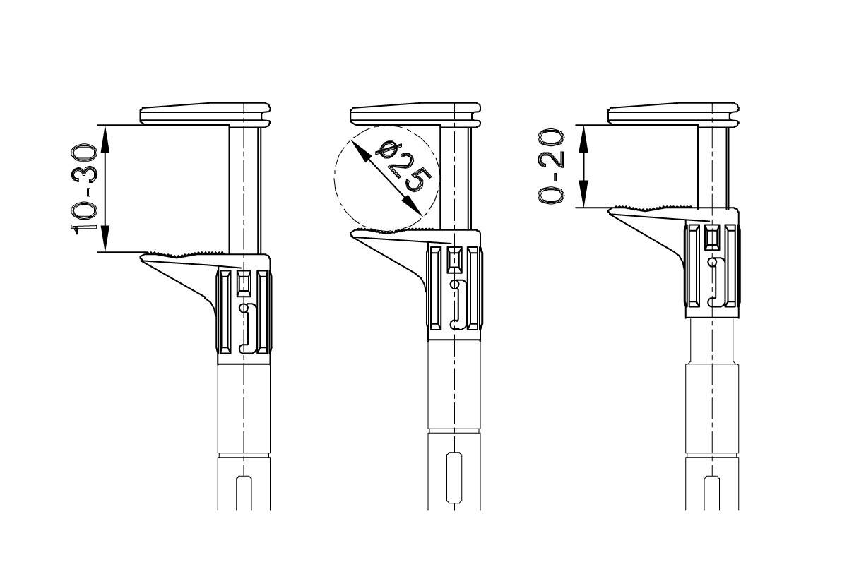 'Darstellung eines einstellbaren Möbelbeins. Links: Höhe 10-30 mm, Mitte: Ø25 mm, rechts: Justierbereich 0-20 mm.'