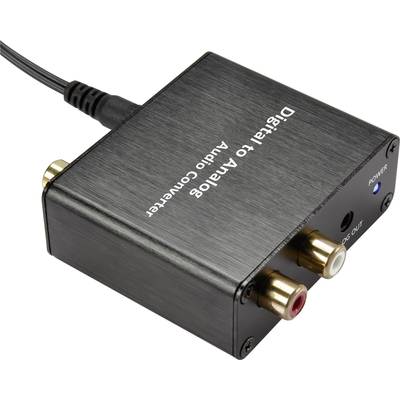 Ein schwarzer Digital-zu-Analog-Audiowandler mit Koaxial- und optischen Anschlüssen. Ein Kabel ist eingesteckt.