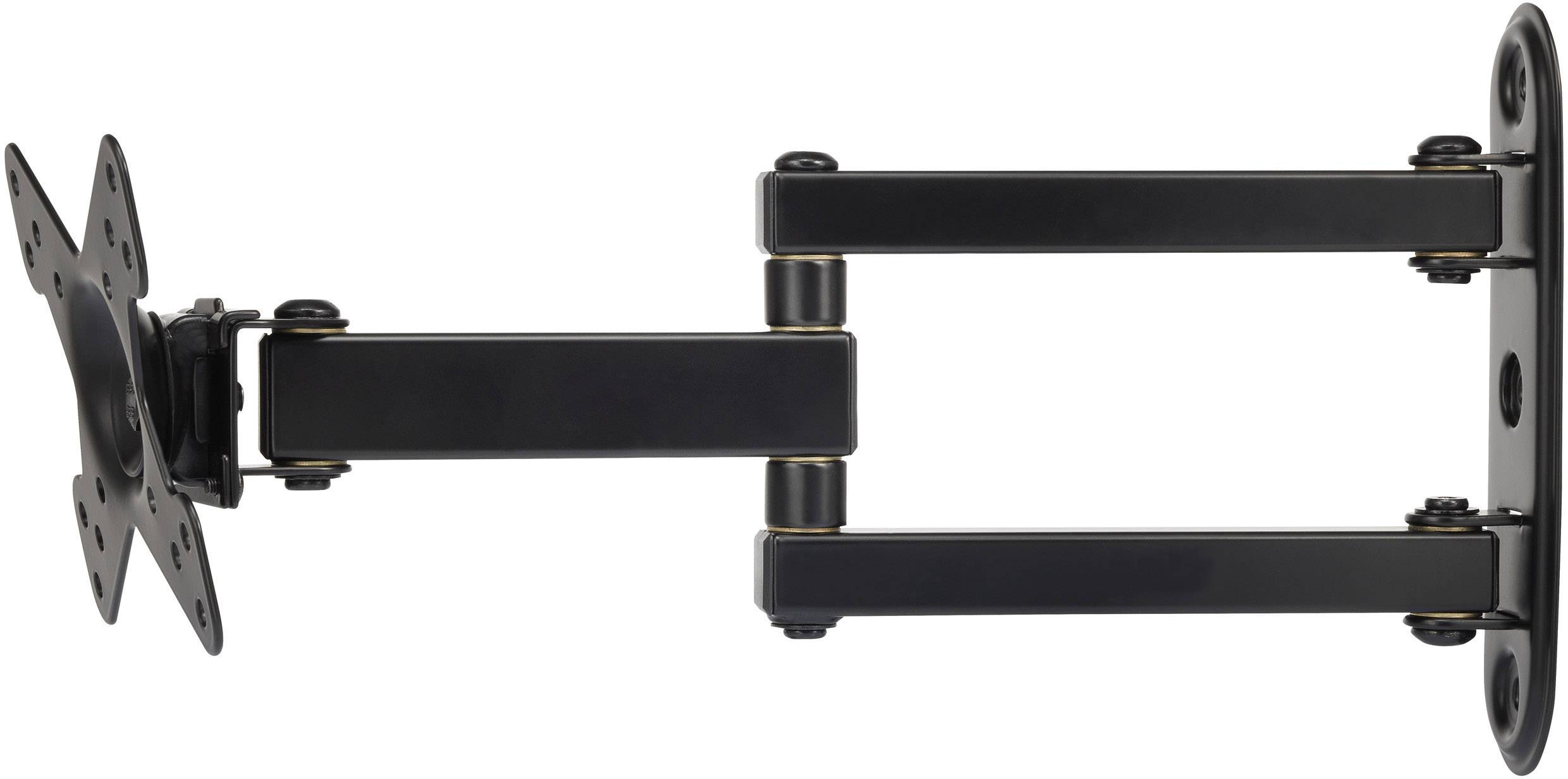 Wandhalterung mit einem schwenkbaren Arm, geeignet zur Befestigung eines Bildschirms. Der Arm ist aus schwarzem Metall gefertigt.