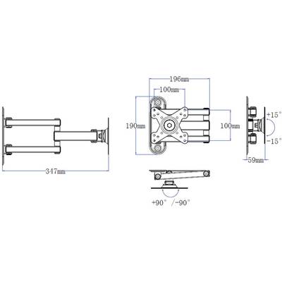 Technische Zeichnung einer verstellbaren Monitorhalterung mit Maßen: Breite 347 mm, Höhe 190 mm. Neigungswinkel: +15°/-15°, Drehung: +90°/-90°.