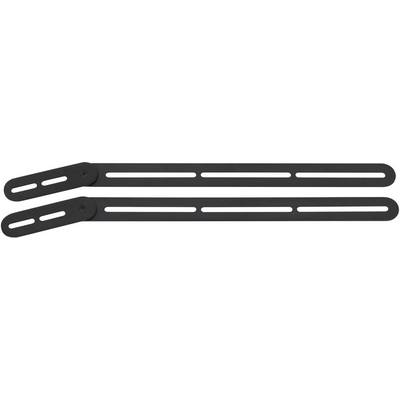 Zwei schwarze, schmale Metallhalterungen mit langen, schmalen Schlitzen zur Befestigung an Wänden oder Möbelstücken.