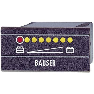 Ein Anzeigeinstrument mit dem Markennamen 'BAUSER', zeigt einen rot-gelben Balken und Symbole für Batterieprüfung.