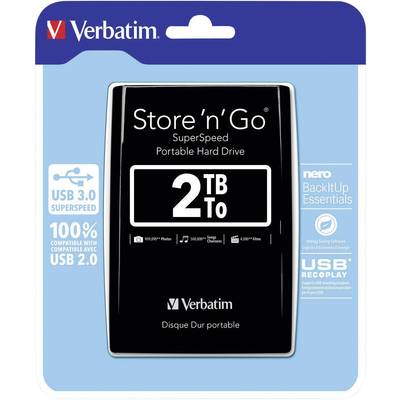 Externe Festplatte 'Verbatim Store 'n' Go' mit 2 TB Speicherplatz. Kompatibel mit USB 3.0 und 2.0. Hinweis auf Nero BackItUp Software.