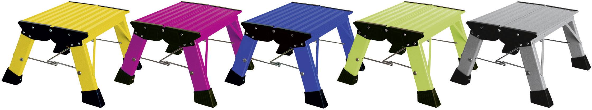 Fünf Klapphocker in verschiedenen Farben (gelb, pink, blau, grün, grau) nebeneinander aufgereiht.