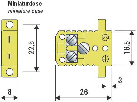 'Miniaturdose' - Skizze einer gelben Gehäusekomponente mit Abmessungen: links 22,5 mm hoch, rechts 16,5 mm. Gesamtbreite 26 mm.