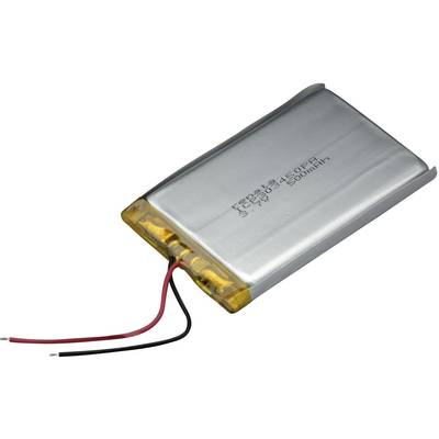 Flacher, rechteckiger Lithium-Polymer-Akku mit sichtbaren Plus- und Minuskabeln.