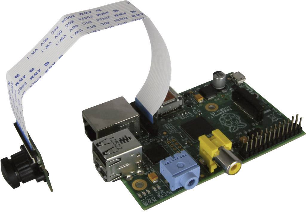 Eine Raspberry Pi-Platine mit angeschlossener Kamera. Die Platine zeigt Anschlüsse und einen herausragenden Flachbandkabel, der die Kamera verbindet.