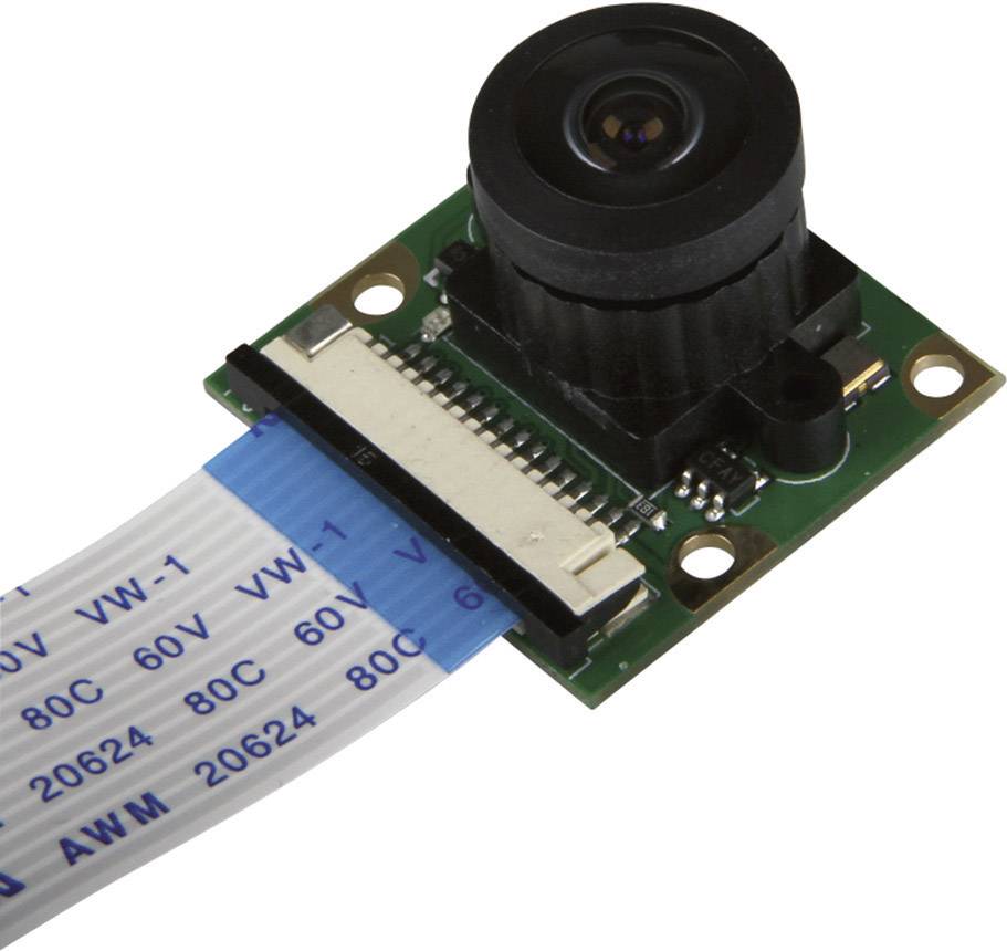 Kleine digitale Kamera mit Flachbandkabel für elektronische Anwendungen auf einer grünen Leiterplatte.