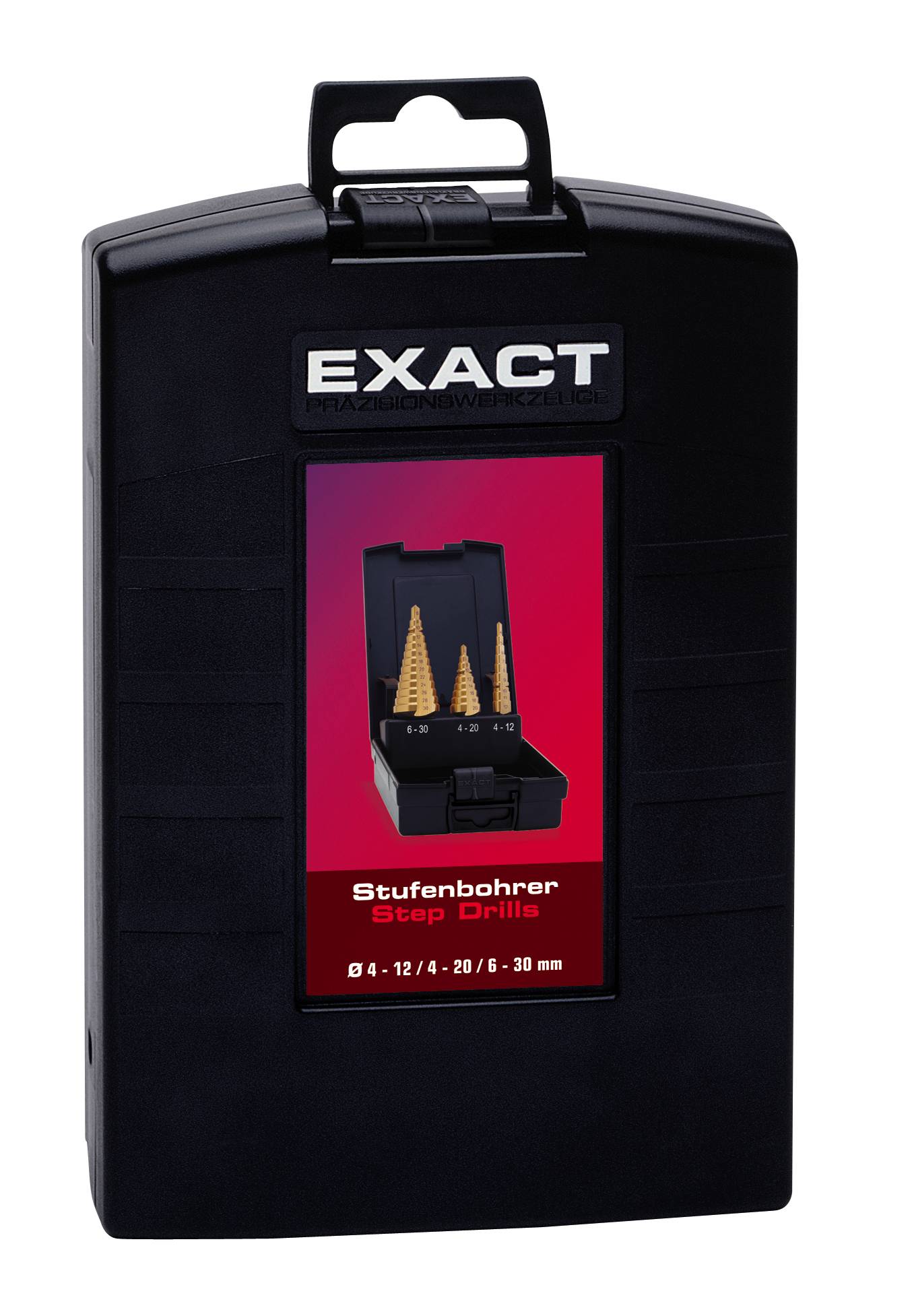 Schwarze Box mit der Aufschrift 'EXACT' enthält ein Bild von drei Stufenbohrern in unterschiedlichen Größen. Text: 'Stufenbohrer Step Drills'.