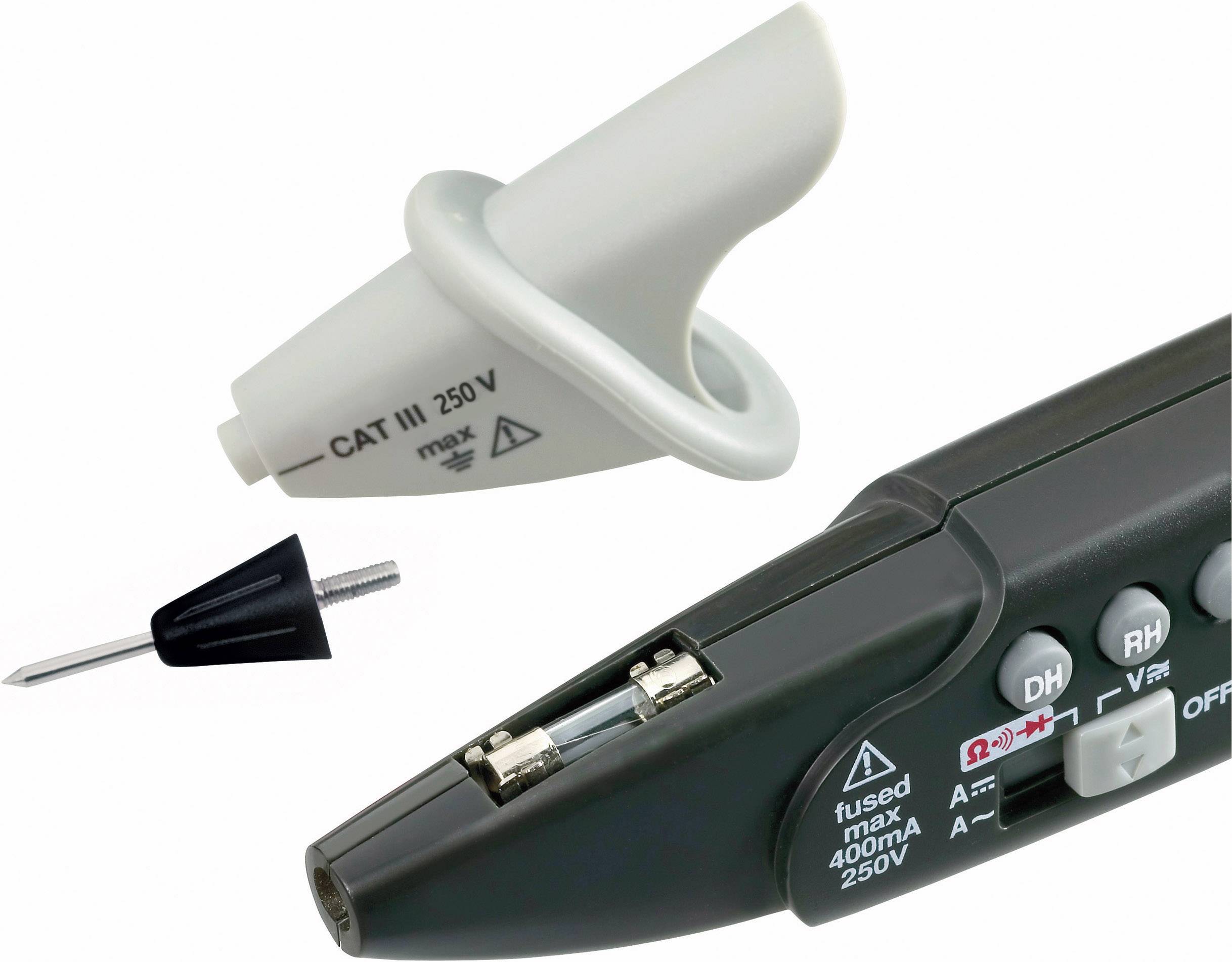 'Spannungsprüfer mit abnehmbarem Spitze und CAT III 250V Isolierung, geeignet für Messungen bis max. 400V.'