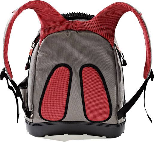 Ein grauer Rucksack mit roten Details und Trageriemen, die wie Tierohren geformt sind.