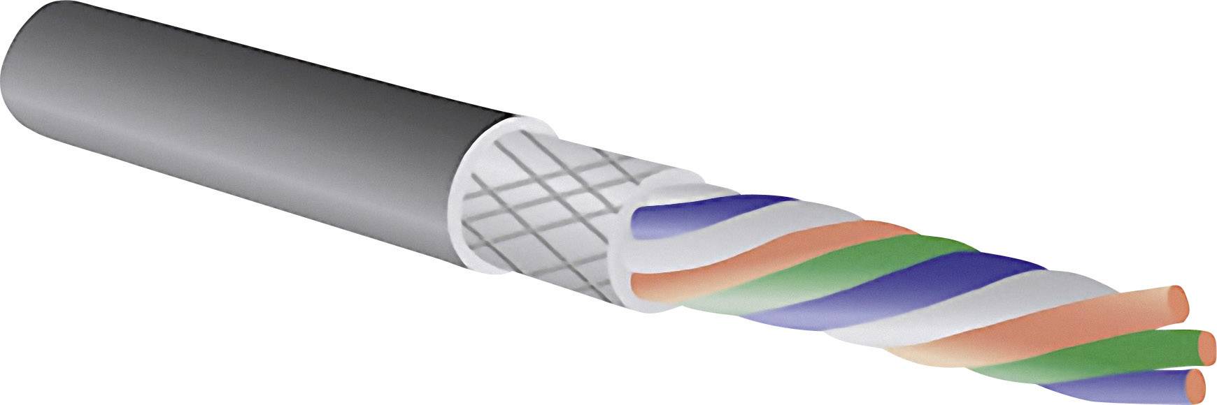 Nahaufnahme eines Ethernet-Kabels mit vier verdrillten Kupferadern in den Farben Weiß-Blau, Weiß-Orange, Weiß-Grün und Weiß-Braun, das für Netzwerkverbindungen verwendet wird.