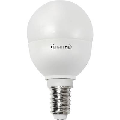 Eine weiße LED-Glühbirne mit der Aufschrift 'LightMe' auf der Oberfläche. Sie hat eine E14-Fassung, geeignet für kleine Leuchten.