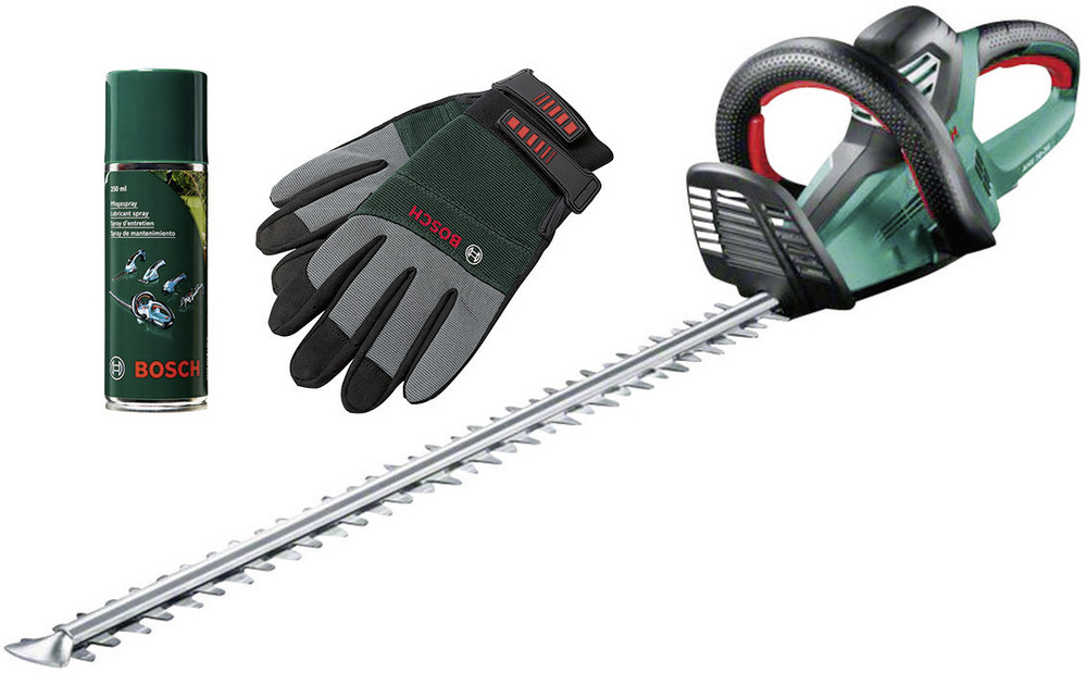 Bosch AHS 7034 ElektroHeckenschere + Gartenhandschuhe + Pflegespray
