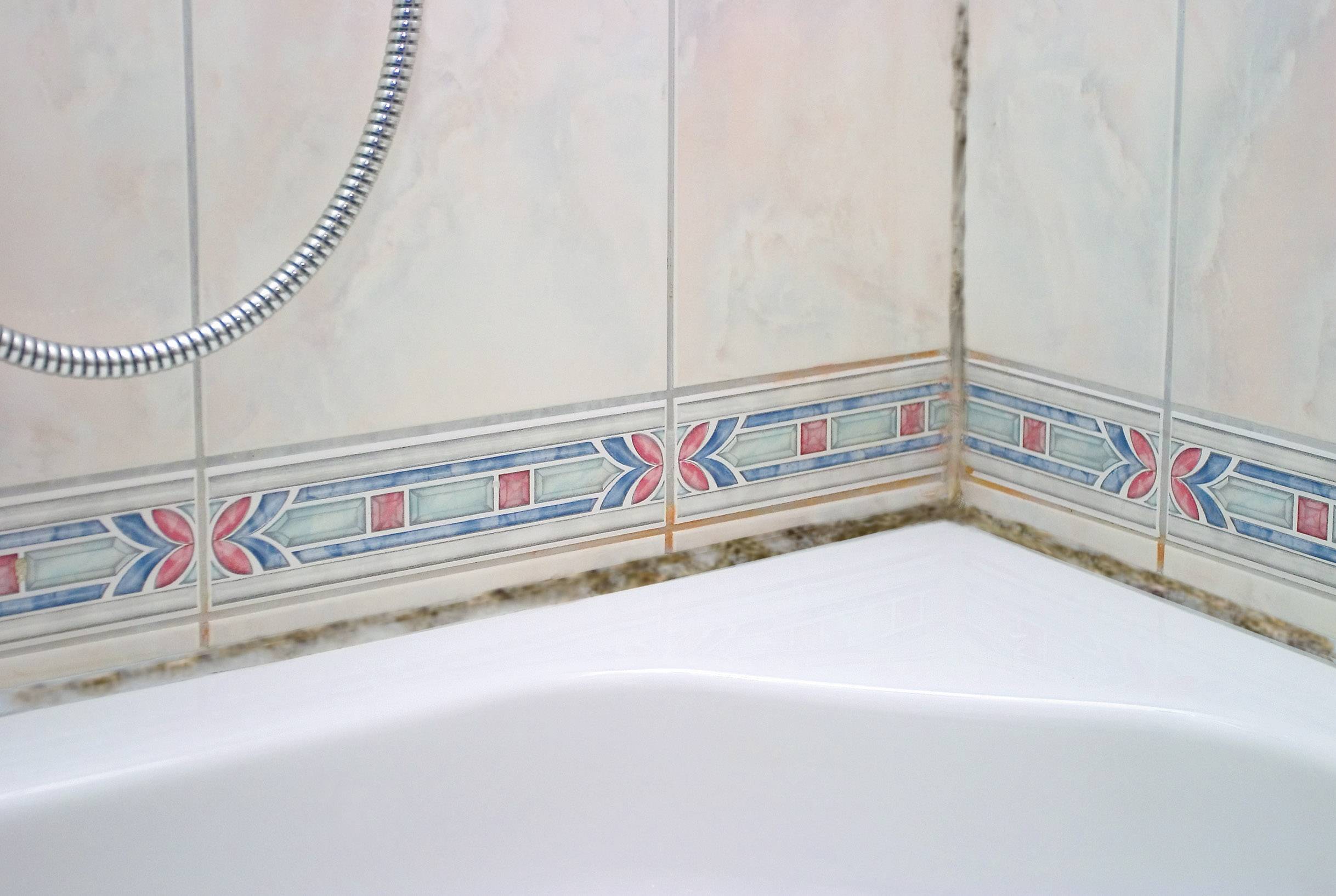 Fliesen mit floralen Motiven an einer Badezimmerwand. Ecken der Dusche zeigen Anzeichen von Schimmelbildung.