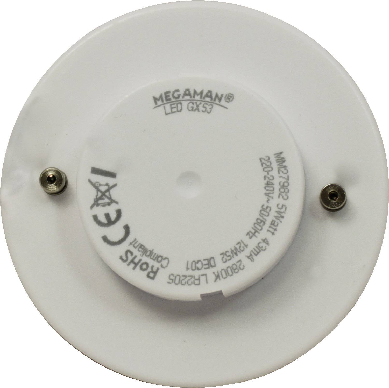 'LED GX53 Leuchtmittel von Megaman, 230V-50Hz, 5W, CE und RoHS konform, Modellnummer MM28922, warmweiß 2800K.'