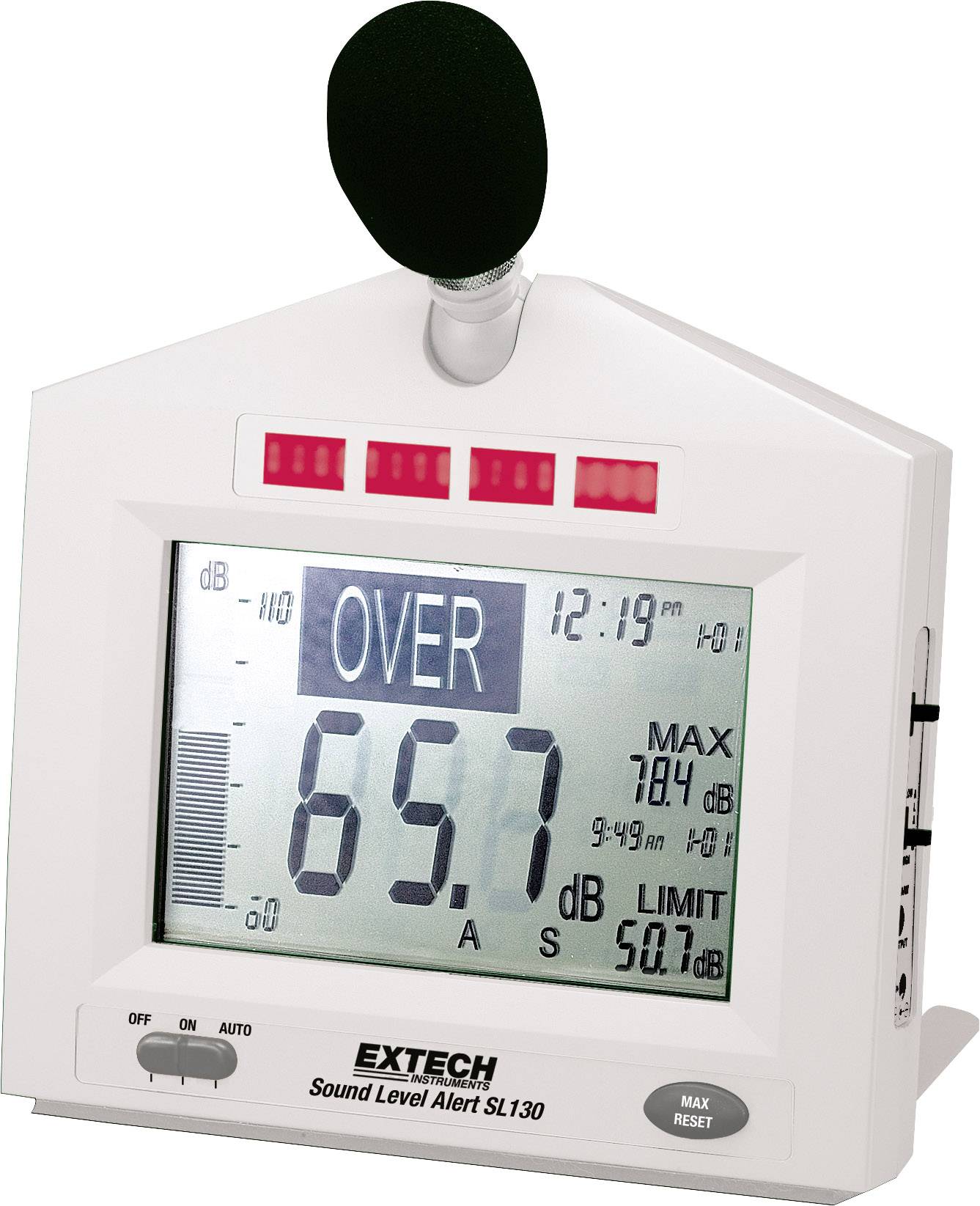 Schallpegelmesser mit digitalem Display, zeigt Schallpegel '65,7 dB' an. 'OVER' wird angezeigt. Mikrofon oben, rote Warnlichter leuchten.