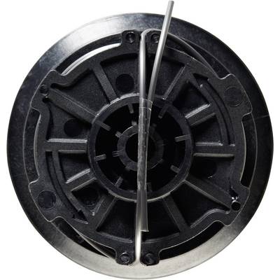 Eine schwarze Spule mit zwei herausragenden Drähten ist von oben zu sehen. Die Spule hat ein sternenförmiges Muster in der Mitte.