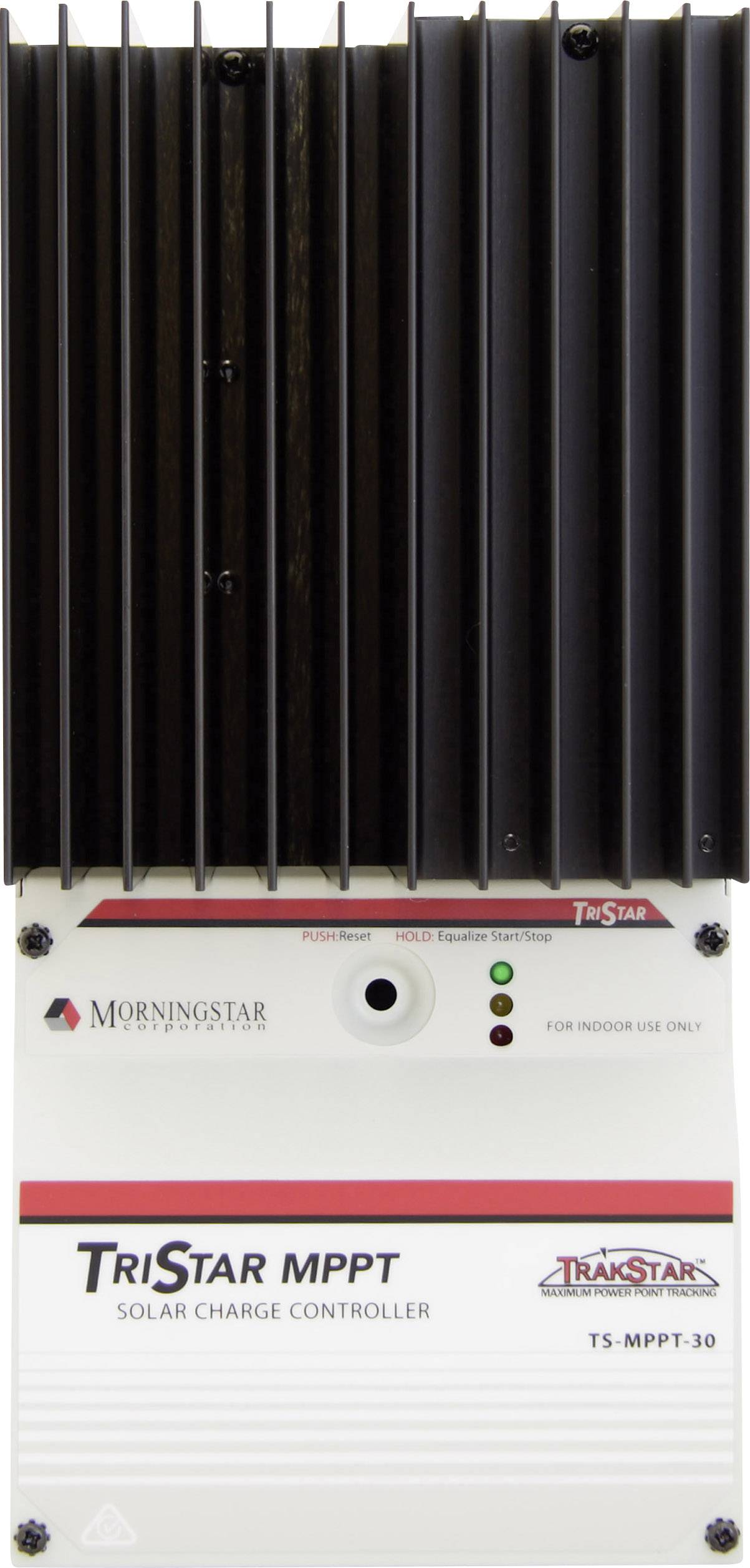 Das Bild zeigt einen TriStar MPPT Solarladeregler von Morningstar. Es hat LED-Anzeigen und Lüftungsschlitze auf der Oberseite.