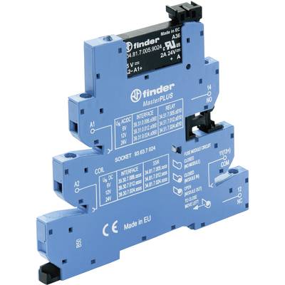 Blauer Finder-Relais-Sockel mit weißen technischen Spezifikationen auf der Oberfläche, optimiert für verschiedene Spannungen. Made in EU.