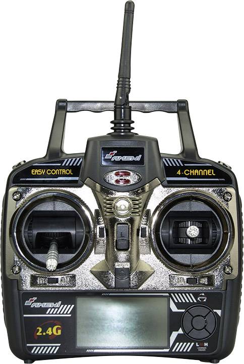 Fernsteuerung mit Display, zwei Joysticks und Antenne, beschriftet 'Easy Control' und '4-Channel', geeignet für Modellflugzeuge.