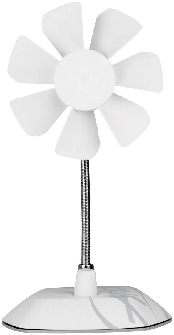 Ein weißer, kleiner Tischventilator mit flexiblem Hals und sieben Blättern steht auf einer flachen Basis.