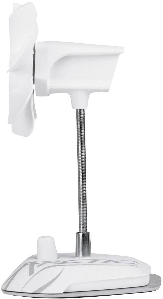 Ein kleiner weißer Tischventilator mit flexiblem Ständer und einstellbaren Flügeln in Seitenansicht.