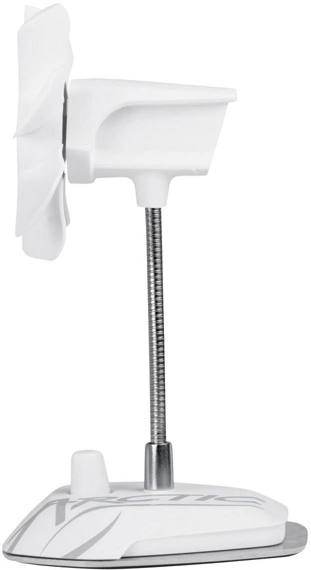 Kleiner, weißer Tischventilator im Seitenprofil mit biegsamem Hals, steht auf einem weißen Sockel.