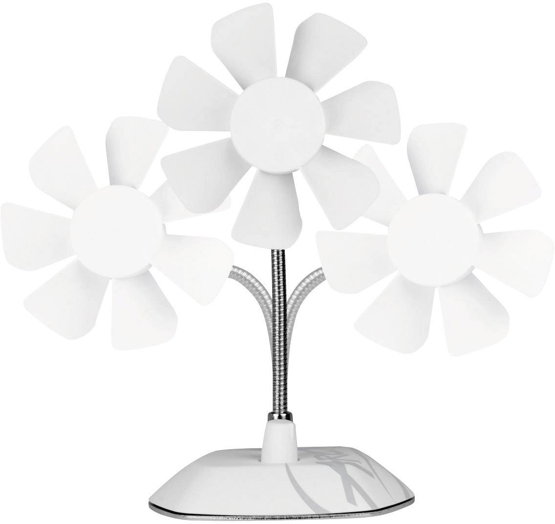 Ein weißer Tischventilator mit drei flexibel verstellbaren Armen, jeder mit einem eigenen Propeller, auf einer stabilen Basis.