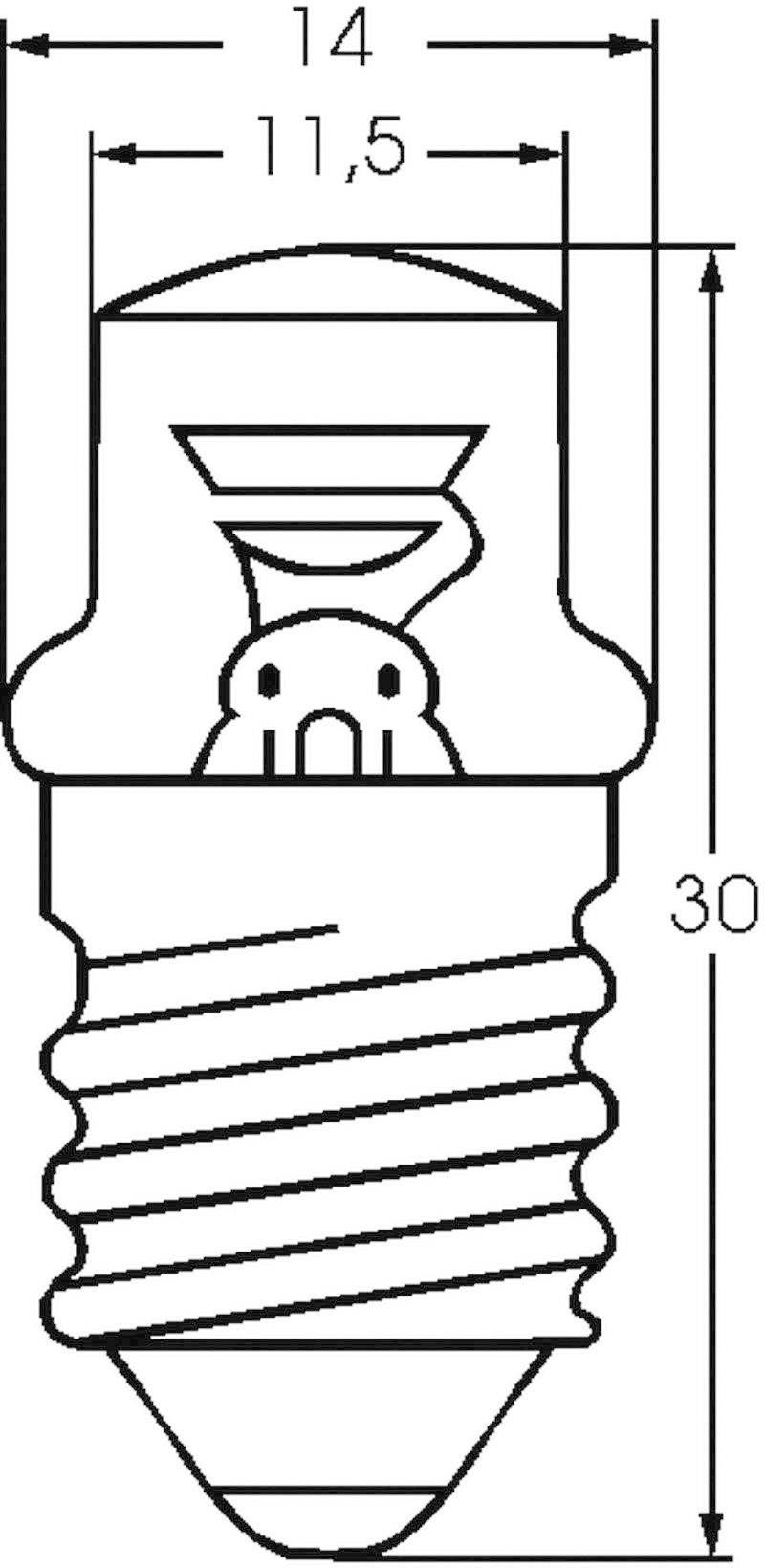 Technische Zeichnung einer Glühbirnenfassung mit Gewindemaßen: Durchmesser 14 mm, Höhe 30 mm, Abmessung 11,5 mm innen.