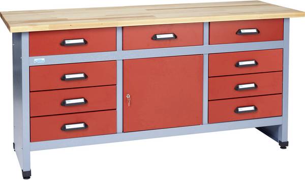 Küpper 12872 Werkbank 9 Schubladen, 1 Tür Rot, Silber-Grau 1700 mm x 840 mm x 600 mm