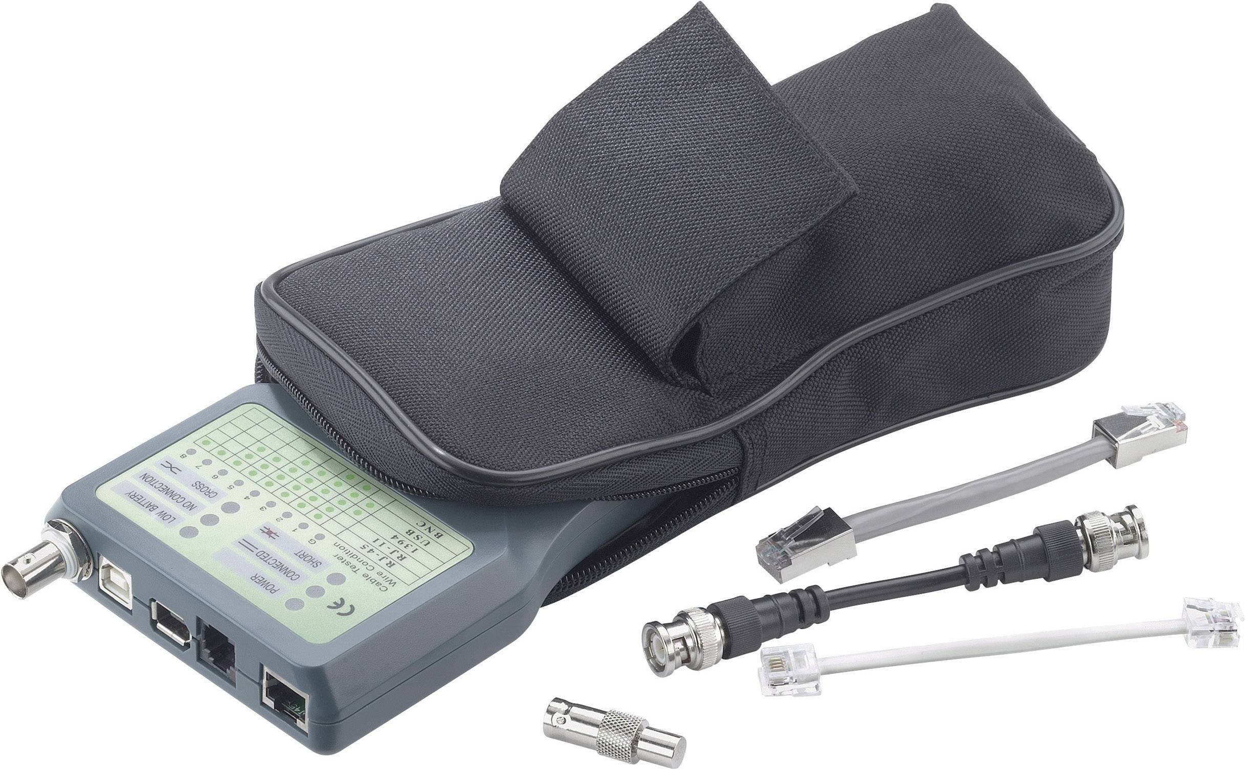 Ein Kabeltester-Set mit verschiedenen Anschlüssen und einer schwarzen Tragetasche. Enthält Kabel für unterschiedliche Verbindungstypen.