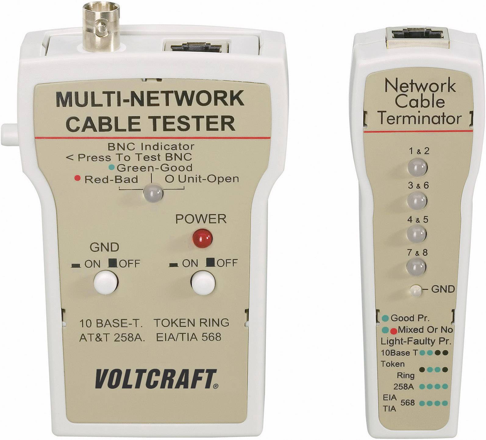 VOLTCRAFT ® CT-1 Netzwerk-Kabeltester BNC, RJ-45, 10Base-T (UTP/STP), AT&T 258A, TIA 586A/B, Token