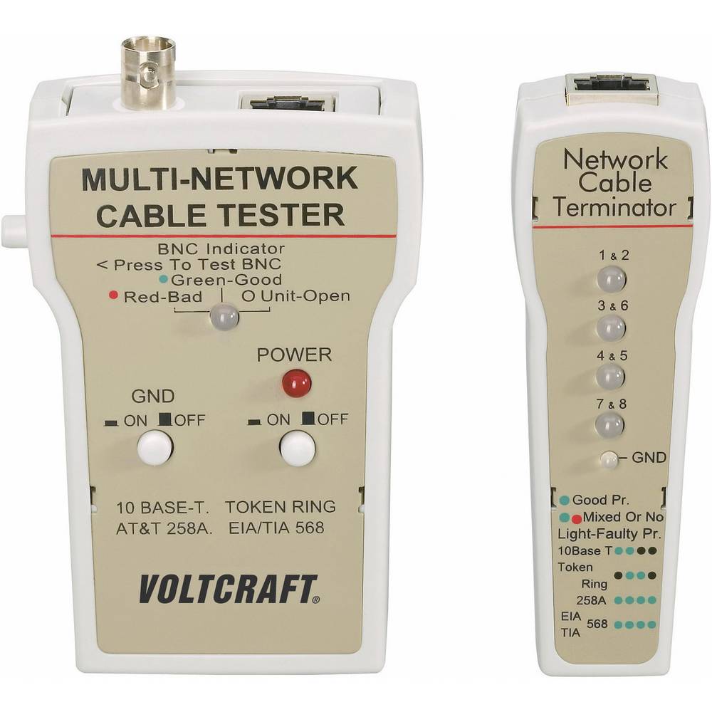 Voltcraft® CT-1 netwerkkabeltester BNC, RJ-45, 10Base-T (UTP-STP), AT&T 258A, TIA 586A-B, Token Ring