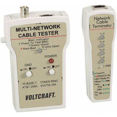 Netzwerk-Kabeltester mit Haupt- und Terminatoreinheit, zeigt Statusleuchten für BNC und RJ45. Prüfoptionen für 10 BASE-T, TOKEN RING, AT&T, EIA/TIA 568.