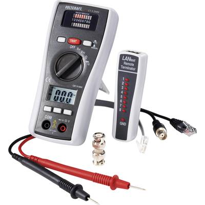 Ein LAN-Kabeltester mit LCD-Anzeige, Testknopf, Kabelanschlüssen und Prüfleitungen. Zum Testen von Netzwerkverbindungen.