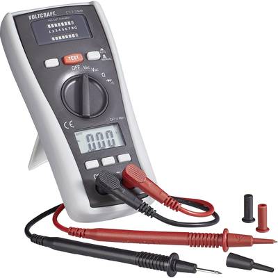 Ein digitales Multimeter zeigt 'AUTO' und '10.00' auf dem Display. Es hat rote und schwarze Messleitungen und ist im Messmodus.