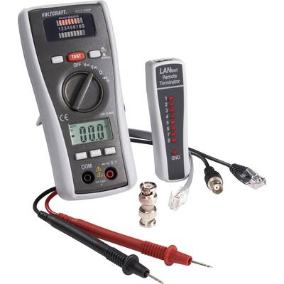 Ein Multimeter und ein LAN-Testgerät mit Kabeln und Anschlüssen zur Messung von elektrischen und Netzwerkverbindungen.