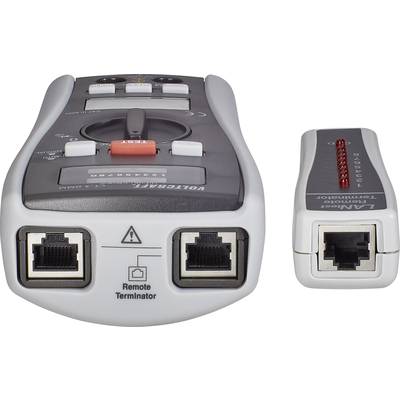 Ein Kabeltester mit Remote-Terminator, LED-Anzeigen oben zur Statusanzeige, zwei Ethernet-Anschlüsse unten zur Kabelprüfung.
