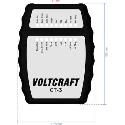 Ein schwarzes Gerät mit der Aufschrift 'VOLTCRAFT CT-3', zeigt mehrere Datenanschlüsse für HDMI, inklusive Datenkabel- und Stromanschlüsse.