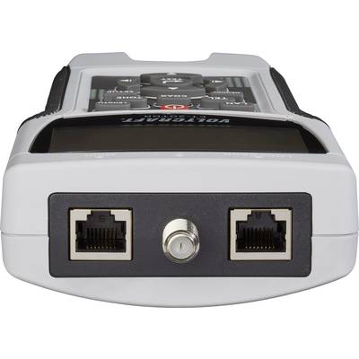 Ein Netzwerk-Kabeltester mit zwei Ethernet-Anschlüssen und einem Koaxialanschluss, verwendet zur Überprüfung von Kabelverbindungen.