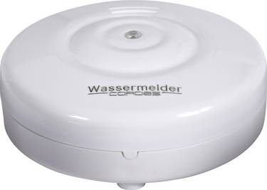 Runder, batteriebetriebener CORDES Wassermelder mit LED-Anzeige zur sofortigen Erkennung von Wasser und Feuchtigkeit auf dem Boden.