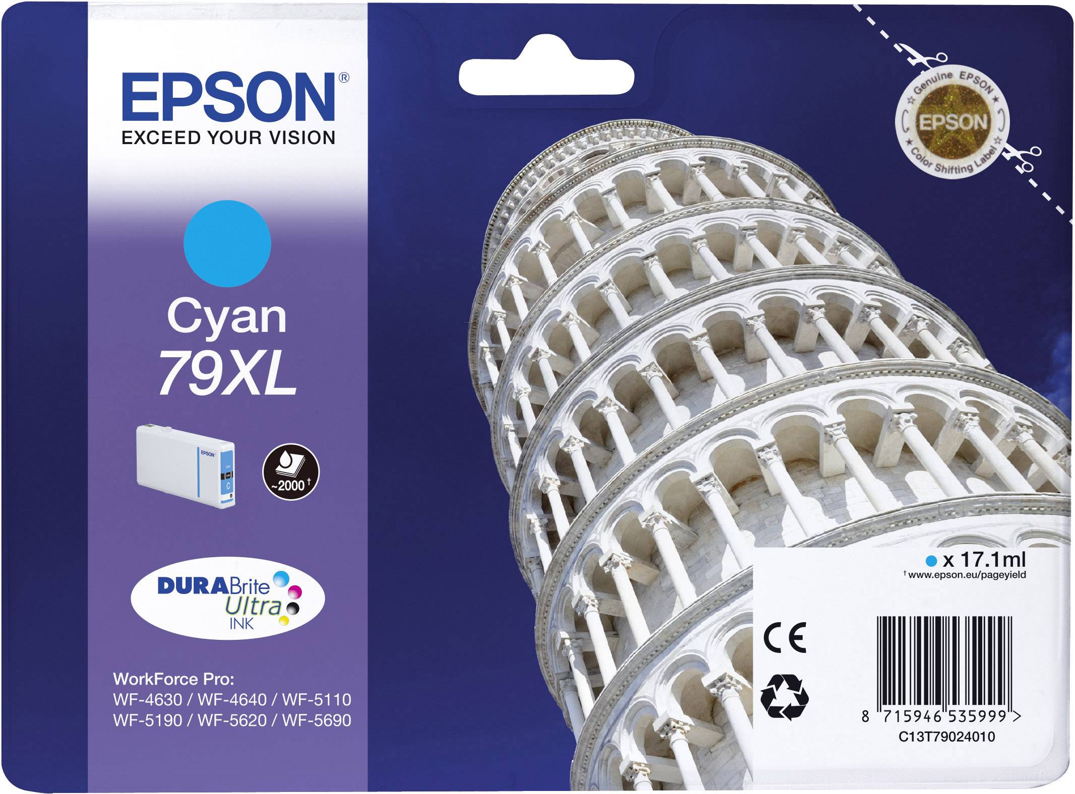 Eine EPSON Tintenpatrone Verpackung mit dem schiefen Turm von Pisa. Text: 'Cyan 79XL', 'exceed your vision', '∼17.1ml'.